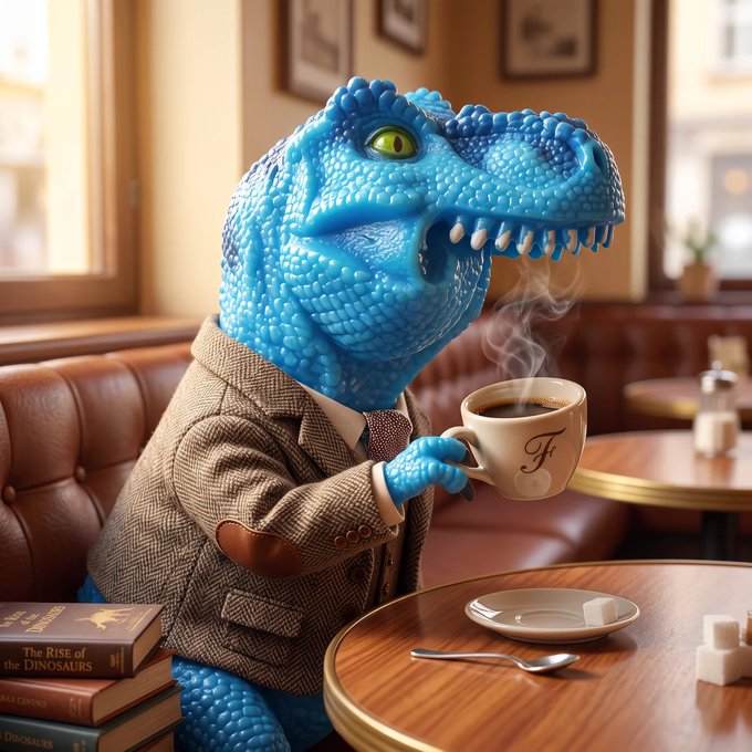 3D-rendered blue T-Rex wearing a tweed suit and tie, drinking coffee from a cup marked 'F' at a cafe table with a book titled 'The Rise of the Dinosaurs.'