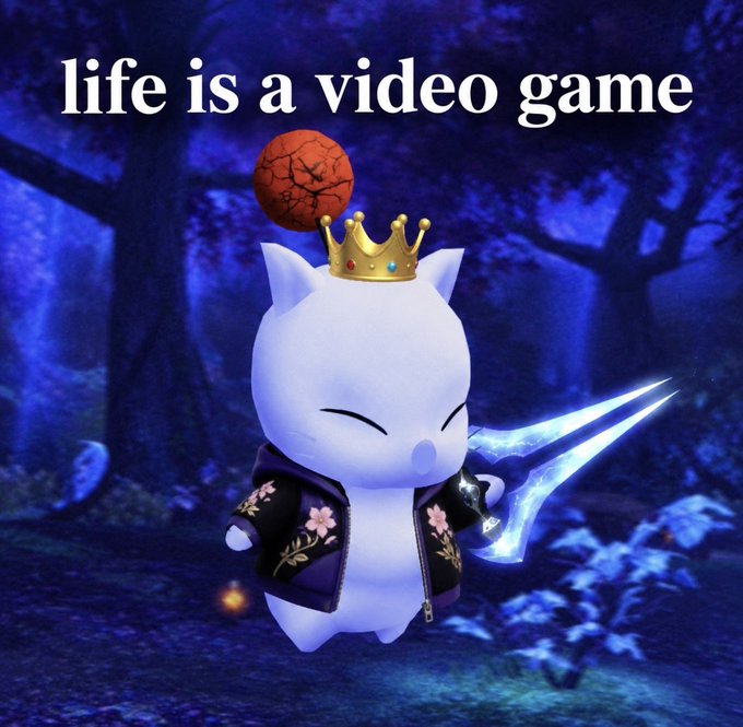 A white cartoon character wearing a gold crown and floral jacket holds a glowing blue sword, with text reading 'life is a video game' against a dark forest background.