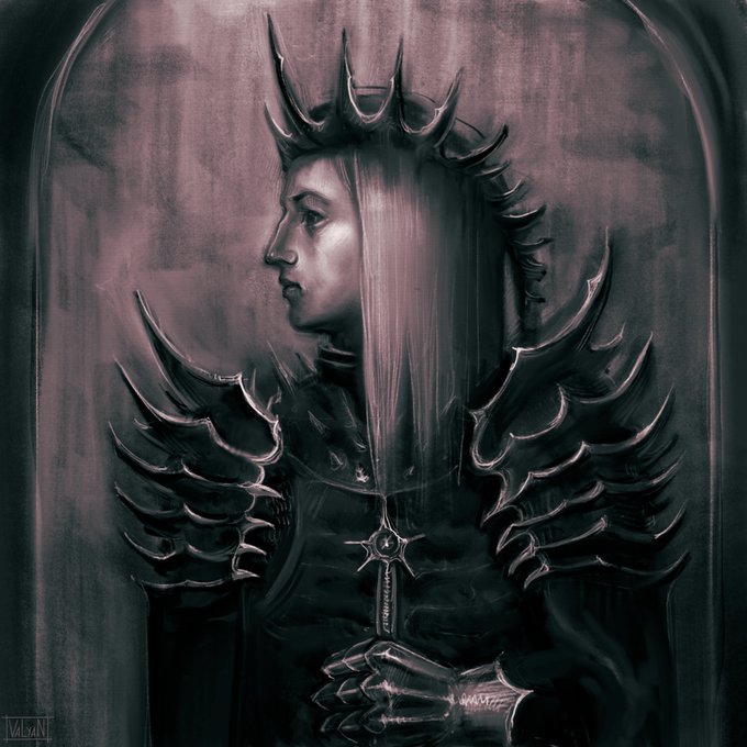 A dark fantasy digital painting of a pale figure with long blonde hair wearing a spiked crown and elaborate spiked armor, with 'WILBAN' signed in the bottom left.