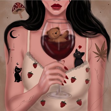An illustration of a woman holding a glass of red wine with a teddy bear inside, decorated with strawberries, black cats, a mushroom, and a crescent moon tattoo.