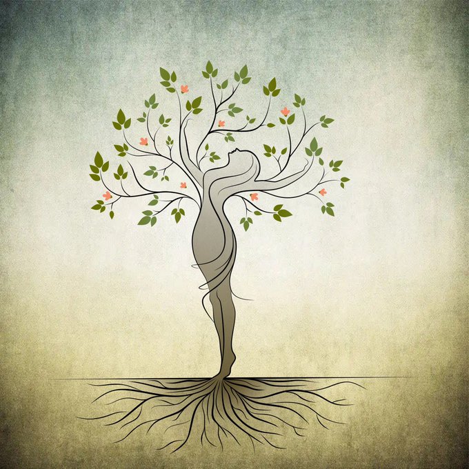 An illustration of a stylized tree with a curvy trunk, green leaves, small pink flowers, and exposed roots against a textured greenish background.