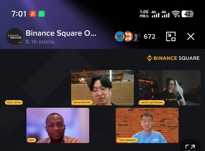 A Binance Square live audio room titled 'Binance Square O...' with 8.1K listens, showing participants including Host Jenny, RememberMe, JanaCryptoQueen, Ram, and Fisher Babylon.