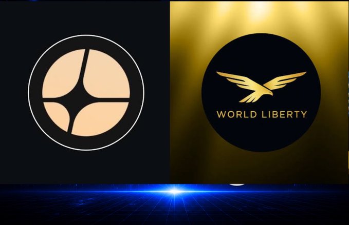 A side-by-side display of two circular logos: an orange star-like emblem on a black background on the left, and a golden eagle with 'WORLD LIBERTY' on a yellow background on the right.