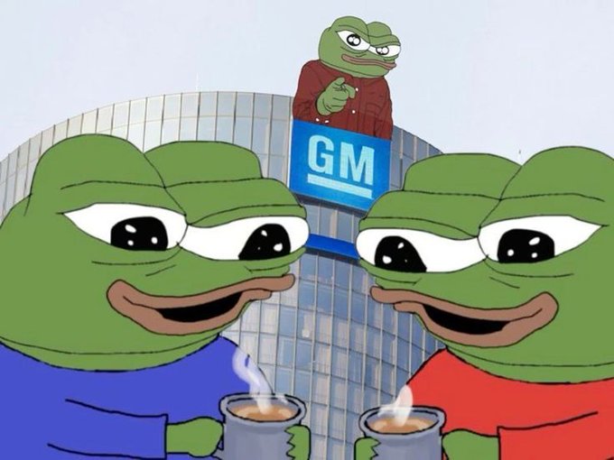 A meme combining Pepe the Frog and GM (Good Morning) logos, showing two large Pepe frogs holding mugs in front of a building with a 'GM' sign and another Pepe pointing from the rooftop.