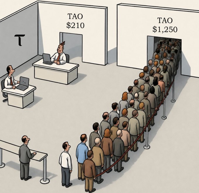 A satirical cartoon shows two "TAO" booths side by side: a sparsely attended service desk charging "$210" with a lone employee, while a massive crowd lines up around a second booth offering "TAO" for "$1,250," illustrating how a token's perceived value can surge dramatically once demand and hype take hold—capturing the "you'll understand later" promise often associated with $TAO.