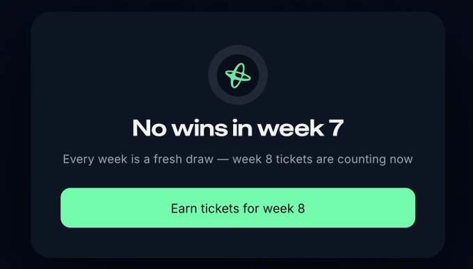 A notification card displays "No wins in week 7" with a green "Earn tickets for week 8" button, confirming the poster's disappointment after checking their Nansen Raffle results for week 7.