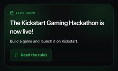 A dark promotional graphic announces "The Kickstart Gaming Hackathon is now live!" with a "Read the rules" button, inviting participants to build and launch a game on Kicktart. The image serves as the official hackathon announcement, promoting "The Lobby," an MMORPG featuring Risk2Earn and Play2Earn modes with infinite dungeons and mythical battles.