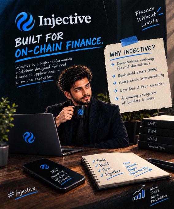 A promotional graphic for 'Injective' features a man at a desk with a branded mug and laptop, alongside text highlighting 'BUILT FOR ON-CHAIN FINANCE' and listing benefits like decentralized exchange and real-world assets.