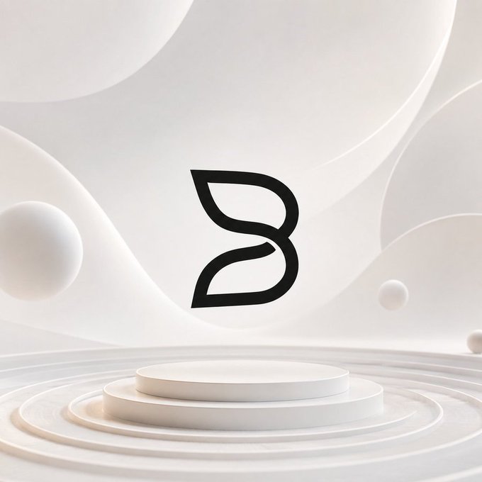 A minimalist 3D render displays a black leaf-shaped logo centered above a circular white podium on a smooth white background.