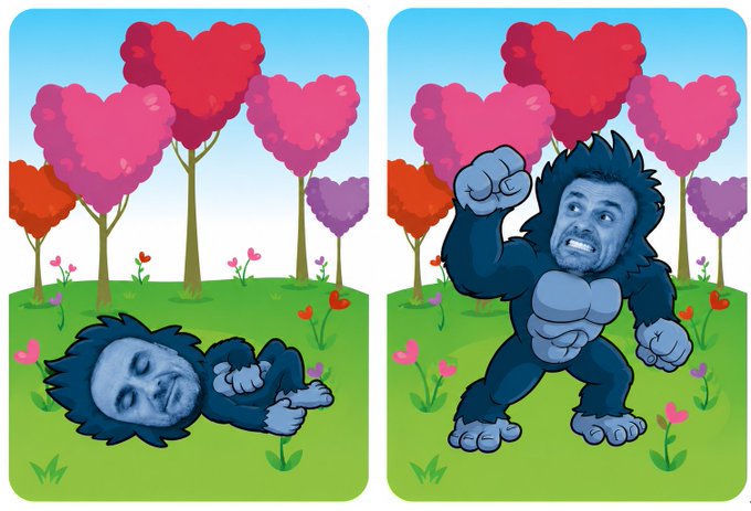 A two-panel cartoon showing a gorilla-like figure lying down in a field with heart-shaped trees, then standing up in a fighting pose with a man's face superimposed on the gorilla.