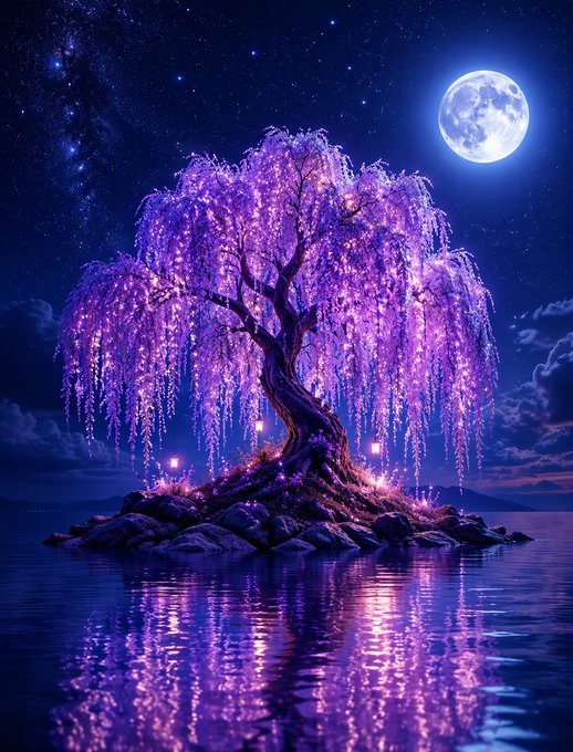 A digitally rendered fantasy scene features a glowing purple weeping willow tree on a small rocky island, illuminated by a full moon and reflected in the surrounding water.