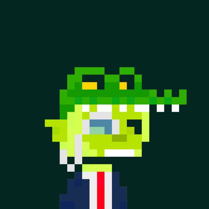 A pixel art character with green skin wearing a green horned helmet and a dark suit with a red and white striped tie, appearing to drool, set against a dark background.