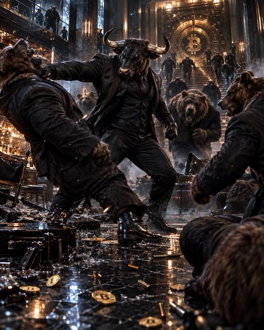 A dramatic, AI-rendered image showing anthropomorphic bulls and bears in suits fighting in a grand hall with a Bitcoin symbol, scattered gold coins, and debris on the floor.