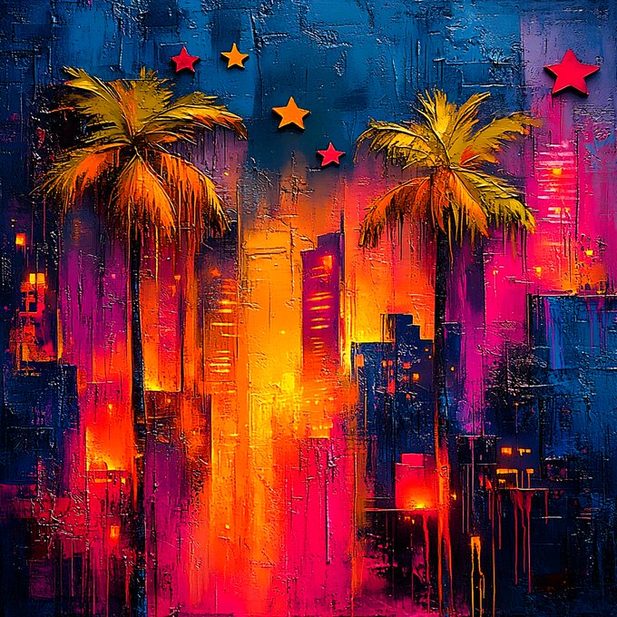 A vibrant, colorful painting of a cityscape at sunset with two palm trees silhouetted against a sky featuring stars.