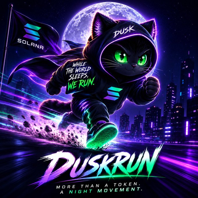 A vibrant digital poster featuring a black cat in a hoodie labeled 'DUSK' running through a neon-lit cityscape under a moon, with a Solana flag and the tagline 'WHILE THE WORLD SLEEPS WE RUN,' branding it as 'DUSKRUN – MORE THAN A TOKEN. A NIGHT MOVEMENT.'