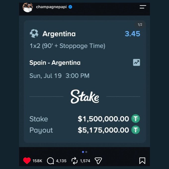 Instagram post by champagnepapi showing a Stake betting slip for Argentina vs Spain with a $1,500,000 bet and potential $5,175,000 payout.