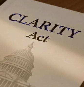 A close-up of a document titled 'CLARITY Act' featuring an illustration of the U.S. Capitol dome, suggesting legislation related to digital asset regulation.