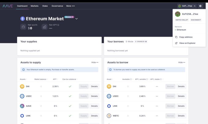 A screenshot of the AAVE Ethereum Market dashboard showing an empty wallet (0xf1258...21ee) with assets to supply including DAI (2.39%), USDC (1.22%), AAVE, and LINK, alongside assets to borrow including DAI (3.69%), USDC (2.48%), LINK, and WBTC (0.24%).