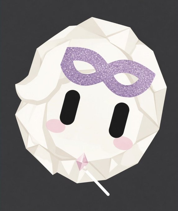 A cartoonish, geometric white polygonal character with a glittery purple masquerade mask, black oval eyes, pink blush, and a small magic wand.