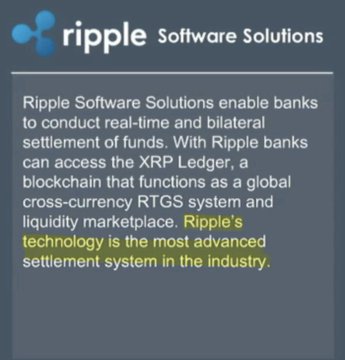 A promotional graphic for Ripple Software Solutions featuring the company logo, with text describing how Ripple enables banks to conduct real-time and bilateral settlement of funds via the XRP Ledger, and highlighting that "Ripple's technology is the most advanced settlement system in the industry." The image reinforces the post's claim about Ripple's industry-leading settlement technology.