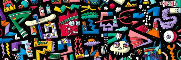 A vibrant, abstract mural-style illustration packed with colorful cartoonish elements like faces, geometric shapes, arrows, and patterns on a black background.