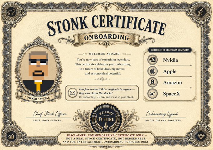 This "Stonk Certificate" shows a pixelated avatar and lists legendary companies like Nvidia, Apple, Amazon, and SpaceX, representing the NFTs being launched. The certificate's "Onboarding" theme directly relates to the post about onboarding new users with NFTs.