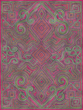 A vibrant, symmetrical digital pattern features intricate swirling and geometric designs in bright pink, magenta, and green.
