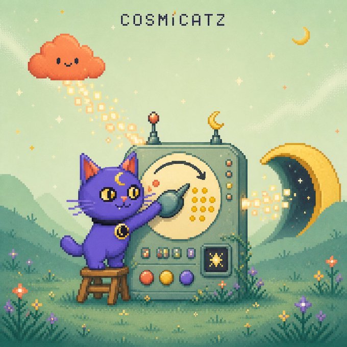 A pixel-art image titled "COSMICATZ" shows a purple cat with a crescent moon marking operating a starry machine that beams pixel dust into a crescent moon portal, with a smiling cloud overhead—evoking the cosmic, whimsical theme of the NFT collection mint announcement.