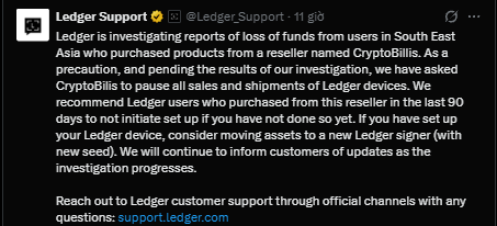Image 2: A screenshot of a post from Ledger Support (@Ledger_Support) announcing an investigation into lost funds and instructing users who purchased Ledger devices from CryptoBillis in the last 90 days to move their assets to a new device.