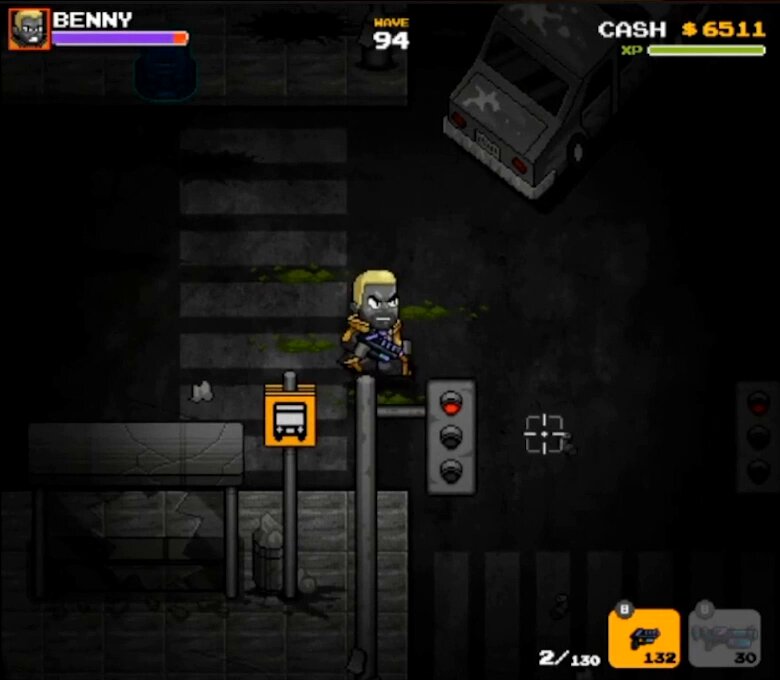 The image shows a character named Benny standing at a bus stop, with a car passing by behind him. A traffic light can also be seen nearby. The scene appears to depict a chaotic urban environment where Benny is trying to navigate through the chaos while avoiding danger and collecting points in order to become the leader of his group.