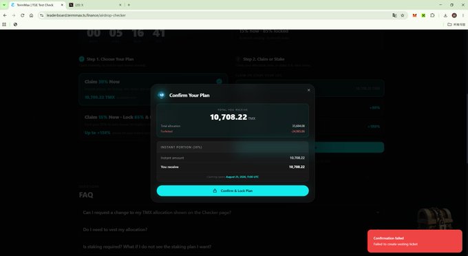 A browser screenshot shows a 'Confirm Your Plan' dialog for a TerraStation Lockdrop with a total allocation of 10,708.22 LUNA and an instant portion of 50%.