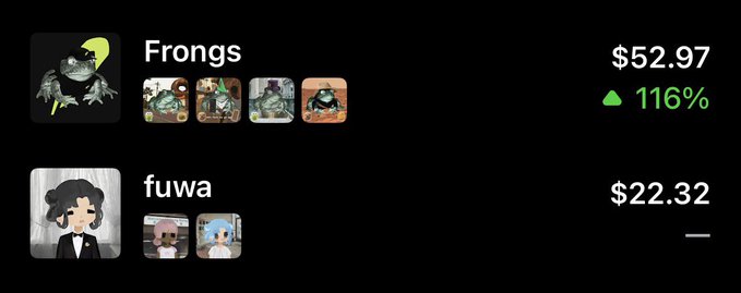 A digital collectibles dashboard showing two items: "Frongs" priced at $52.97 (up 116%) and "fuwa" priced at $22.32.