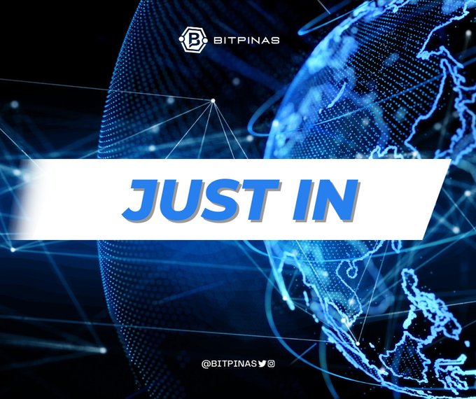 A 'JUST IN' news banner graphic from BITPINAS (@BITPINAS) featuring a blue digital globe with network lines in the background.