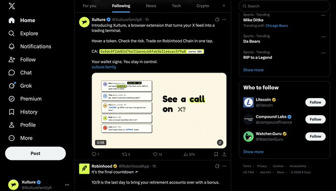 An X (formerly Twitter) feed showing a post by Xulture (@XulturefamilyX) introducing 'Xulture,' a browser extension that turns X feed into a trading terminal, with a link to trade on Robinhood Chain.