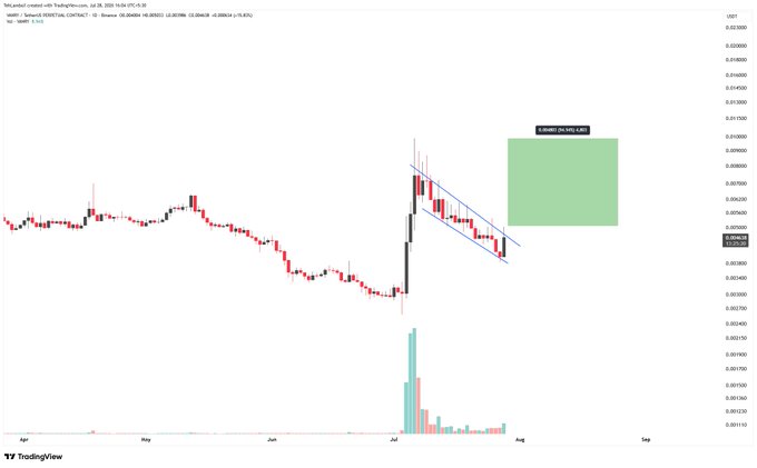 A TradingView chart of HBAR/USDT displaying a descending wedge pattern with a projected upside target near 48.15%.