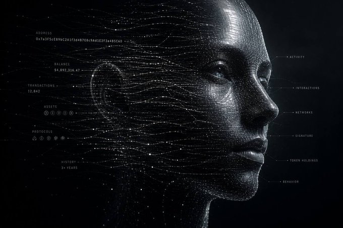 A digital wireframe profile of a human head is overlaid with cryptocurrency wallet data, including an address starting with "0x7a3f5ce896c2A1f3a48768c946812F34885C60", a balance of "$4,892,316.47", "12,842" transactions, and "3+ YEARS" of history, alongside labels like "ACTIVITY," "INTERACTIONS," and "NETWORKS." The image visualizes how a wallet's on-chain data—transactions, holdings, and behavior—constructs a digital identity, echoing the post's point that while a 42-character address reveals no name, it nonetheless paints a vivid picture of who you are in DeFi.
