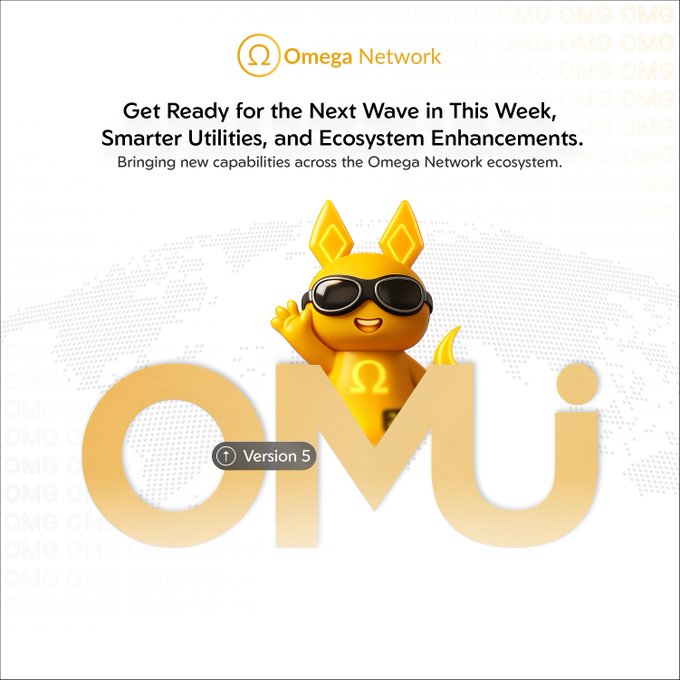 A promotional graphic for Omega Network features a yellow mascot wearing sunglasses alongside the "OMUI Version 5" logo, with text announcing "Get Ready for the Next Wave in This Week, Smarter Utilities, and Ecosystem Enhancements." The image visually reinforces the post's announcement of a major update release this week, highlighting the platform's ongoing evolution toward a more complete Web3 ecosystem.