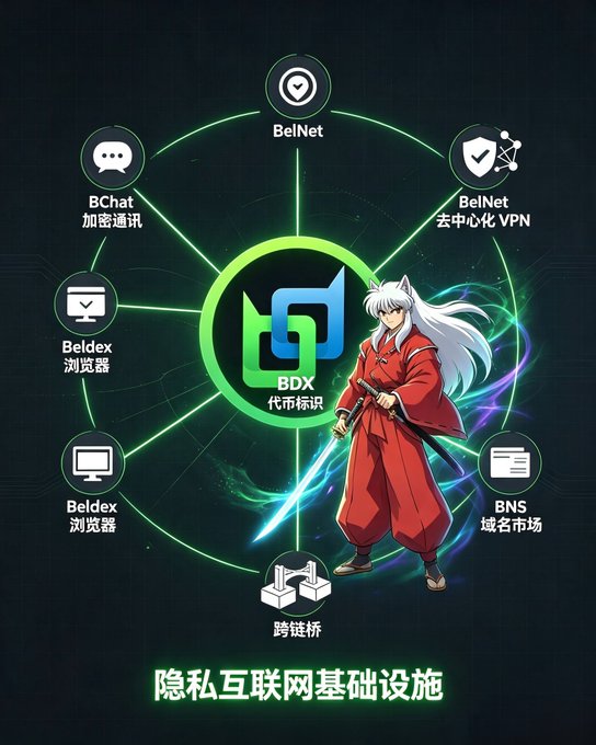 A promotional infographic for BDX (代币标识) featuring an anime character with white hair and red robe holding a glowing sword, surrounded by connected services including BelNet, BelNet VPN, BChat, Beldex browsers, BNS domain market, and cross-chain bridge, labeled as 隐私互联网基础设施 (Privacy Internet Infrastructure).