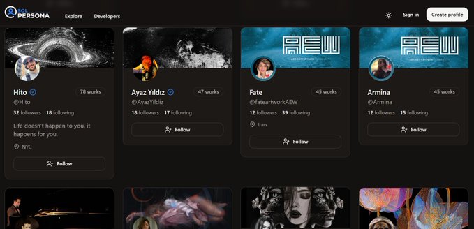 Screenshot of the ArtStation website showing artist profiles including Hito (@Hito) with the bio 'Life doesn't happen to you, it happens for you' based in NYC, Ayaz Yildiz (@AyazYildiz), Fate (@fateartworkAEW), and Armina (@Armina), with 'Sign in' and 'Create profile' buttons visible.