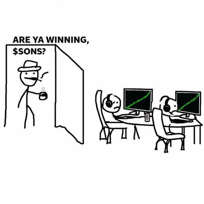A humorous stick-figure comic depicting a cowboy figure standing in a doorway asking "ARE YA WINNING, $SONS?" while two figures wearing headsets sit at computers with green upward-trending lines on their monitors.