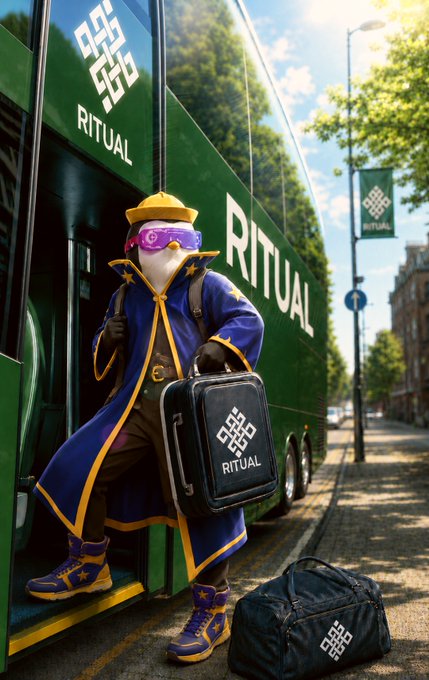 A penguin mascot in a blue coat, yellow hat, and purple mask exits a green tour bus branded 'RITUAL,' carrying a suitcase with the Ritual logo.
