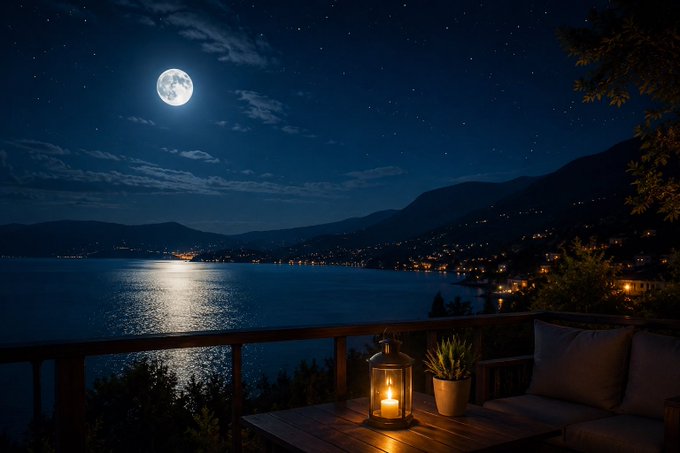 A tranquil nighttime scene featuring a full moon over a calm lake, with twinkling stars in the sky and a cozy wooden balcony in the foreground illuminated by a warm lantern and a small potted plant.