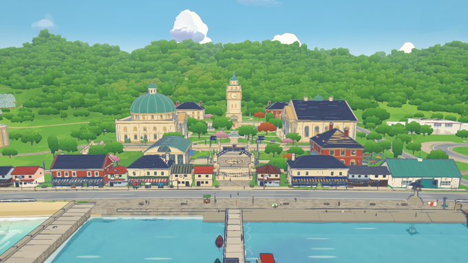 An animated/illustrated coastal town scene with European-style buildings, a domed structure, a clock tower, and a harbor with boats, set against forested hills.
