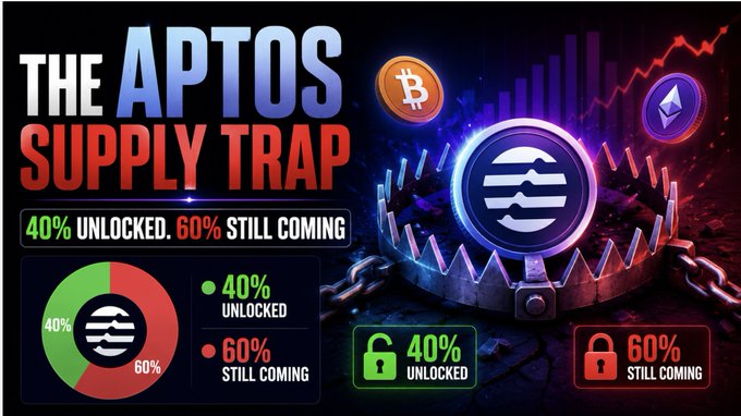 A promotional graphic titled 'THE APTOS SUPPLY TRAP' showing that 40% of tokens are unlocked while 60% are still coming, with a bear trap graphic containing the Aptos logo.