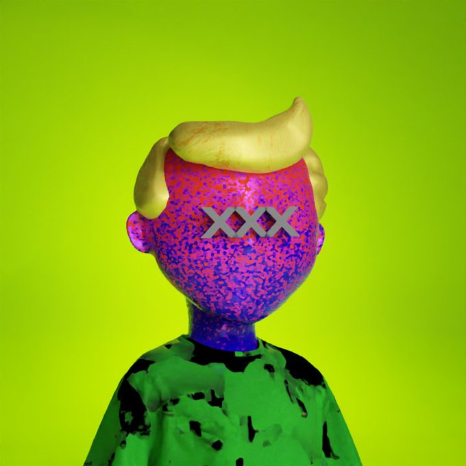 A vibrant digital artwork featuring a figure with a pink and purple patterned face marked with "XXX", blonde hair, and a green patterned shirt against a bright green background.