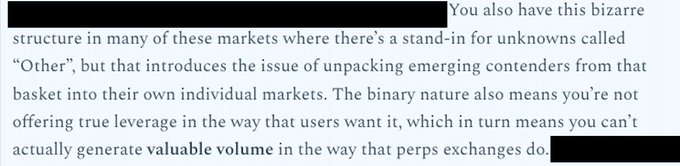 An English text excerpt discussing prediction markets, mentioning issues with 'Other' baskets for unknowns and the inability to generate valuable volume compared to perpetual exchanges.