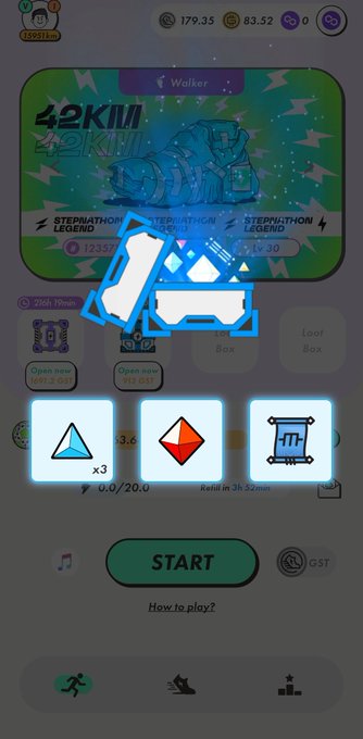 Mobile app screen for a 42KIL Walk event showing 25d 17min remaining, a 'Walker' title, and three reward options (triangle x3, diamond, scroll) above a START button.