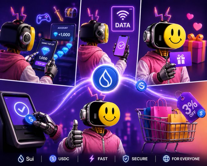 The image features a cartoon depiction of a robot with a smiley face holding up various items, including a cell phone, shopping cart, and gift card. The robot also has a thumbs-up sign, indicating its approval or satisfaction with the items displayed in front of it. The background is dark purple, providing a stark contrast to the colorful objects on display. The image includes text that reads "1 month in - and I have to say: Sending money on Sui feels exactly like a regular bank transfer ... except the fees are practically nothing". This suggests that the robot is promoting or showcasing the service of sending money through Sui, emphasizing its efficiency and ease of use.