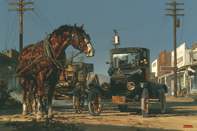 A detailed painting of a brown horse hitched to a carriage on a dusty early 20th-century street with vintage cars and power lines in the background.