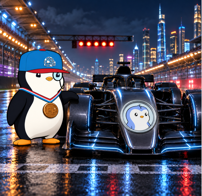 A stylized scene featuring a penguin wearing a red cap and medal standing next to a futuristic Formula 1 race car with a penguin logo, set on a wet racetrack with a city skyline and lights in the background.